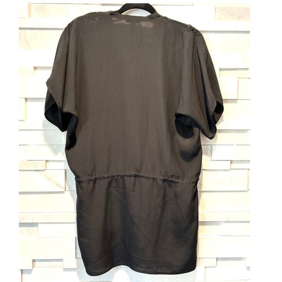 AQUA BLOOMINGDALES Black Crochet Lace Inset Drawstring V-neck Blouse Tunic S - Picture 2 of 6